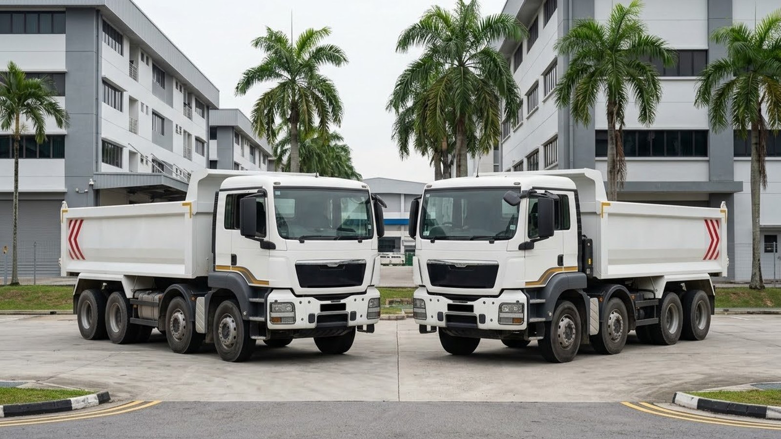 Illustration of two white tipper trucks parked side by side in an industrial depot with palm trees