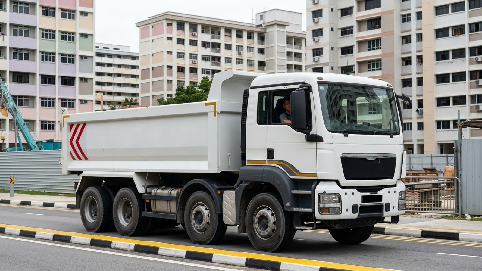 Illustration of a white tipper truck on a road beside HDB blocks and a construction hoarding in Singapore