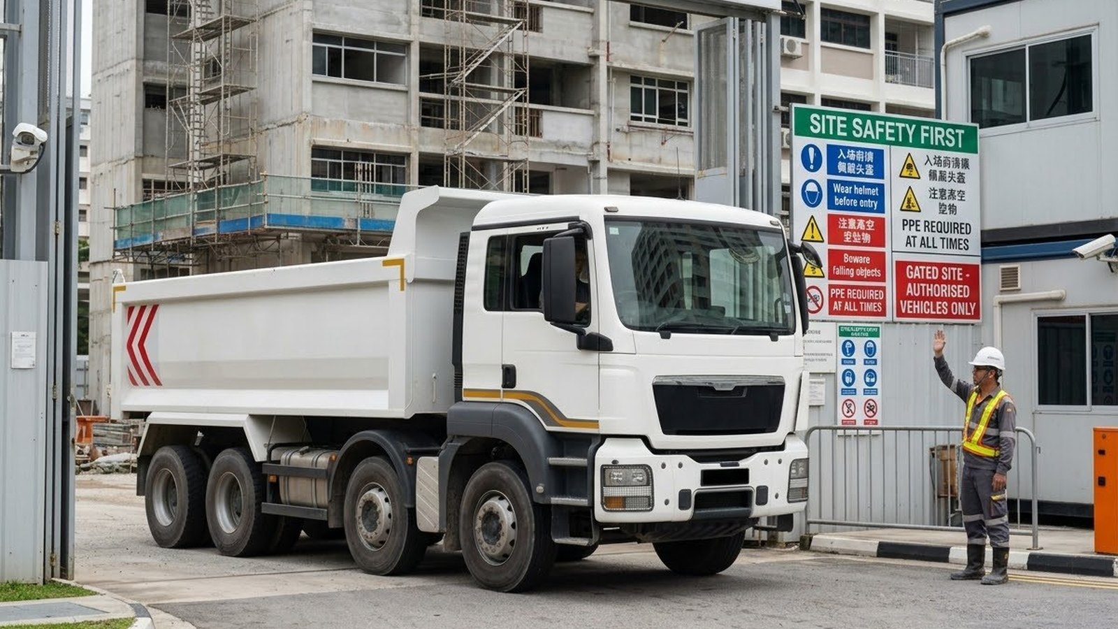 Illustration of a white tipper truck at a construction site gate with a safety gantry and a supervisor waving it in